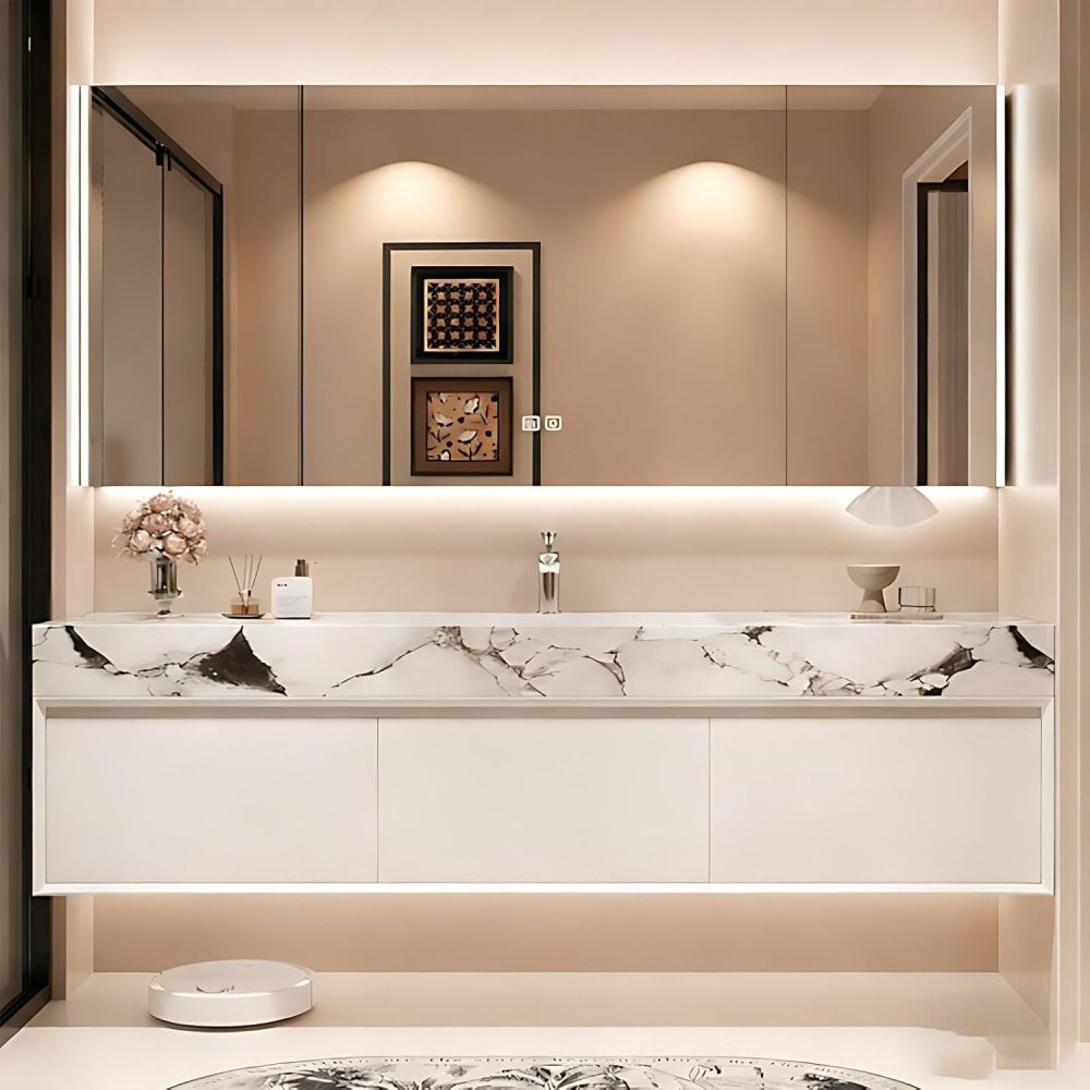 72IN Bathroom Vanity with Sink - 3 Drawers Solid Wood Bathroom Vanity Cabinet, Smart LED Defrost Mirror & Seamless Basin, Waterproof Finish, Complete Accessories, Fully Assembled, White