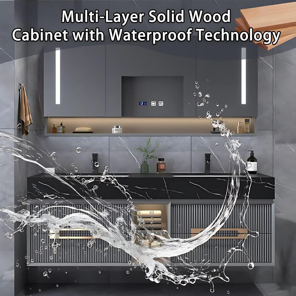 60IN Double Sink Bathroom Vanity - Luxury Bathroom Vanity with Anti-Fog Mirror Cabinet, One-Touch Defog & Lighting, Sink Cabinet with 4 Drawers & Open Storage Space, White