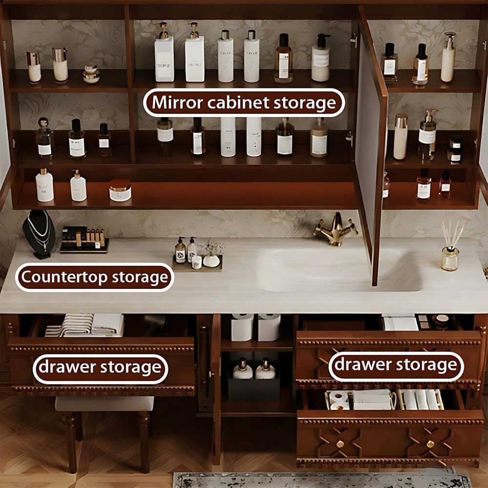 72IN Bathroom Vanity with Sink - Sink Cabinet with 3 Drawers, Solid Wood, Anti-Fog Mirror, Waterproof Finish, Complete Accessories, Fully Assembled, Includes Makeup Stool, Wood