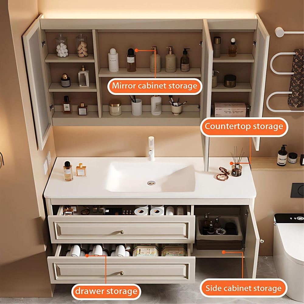 72IN Bathroom Vanity with Sink - Bathroom Vanity with Anti-Fog Mirror & Seamless Basin, Multi-Layer Waterproof Coating, Complete Accessorie, Fully Assembled, White