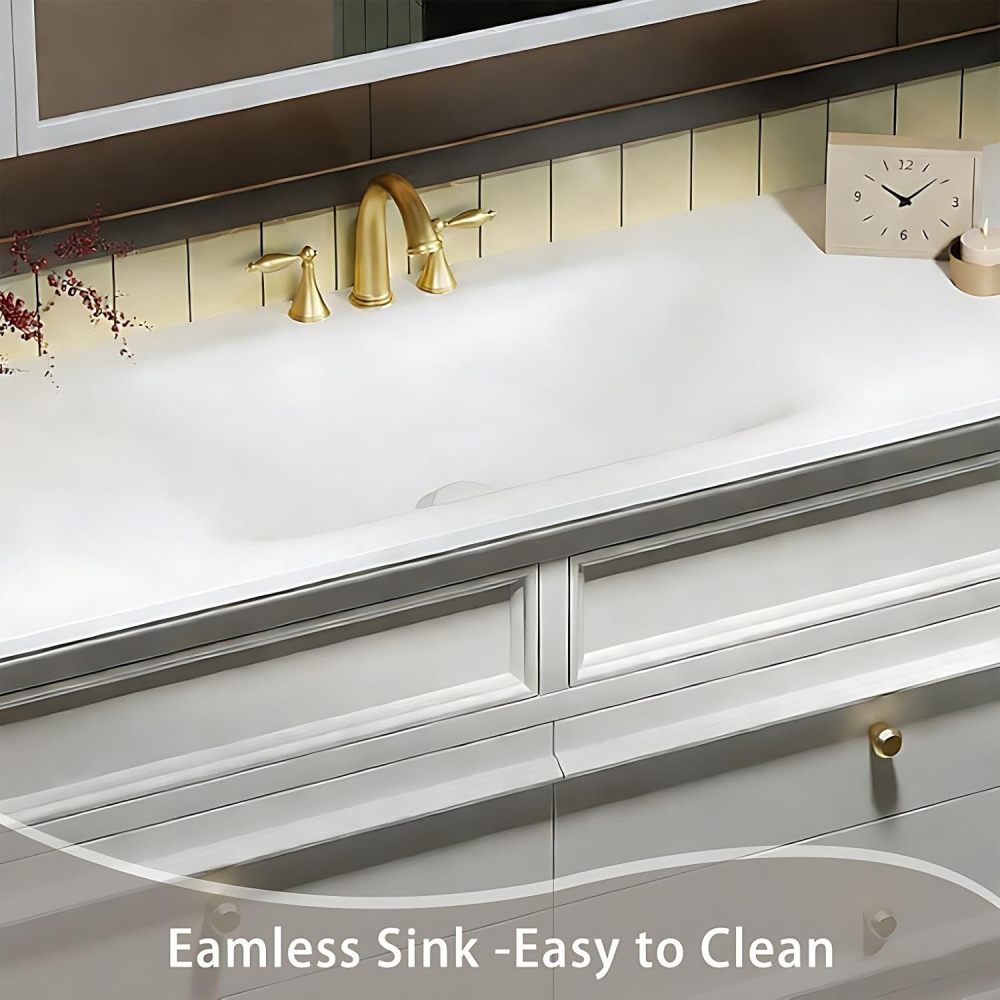 60IN Bathroom Vanity - Bathroom Vanity with Smart Defog Mirror Cabinet, Floor Mount Sink Cabinet with 4 Drawers & Seamless Sink, Multi-Layer Solid Wood, White
