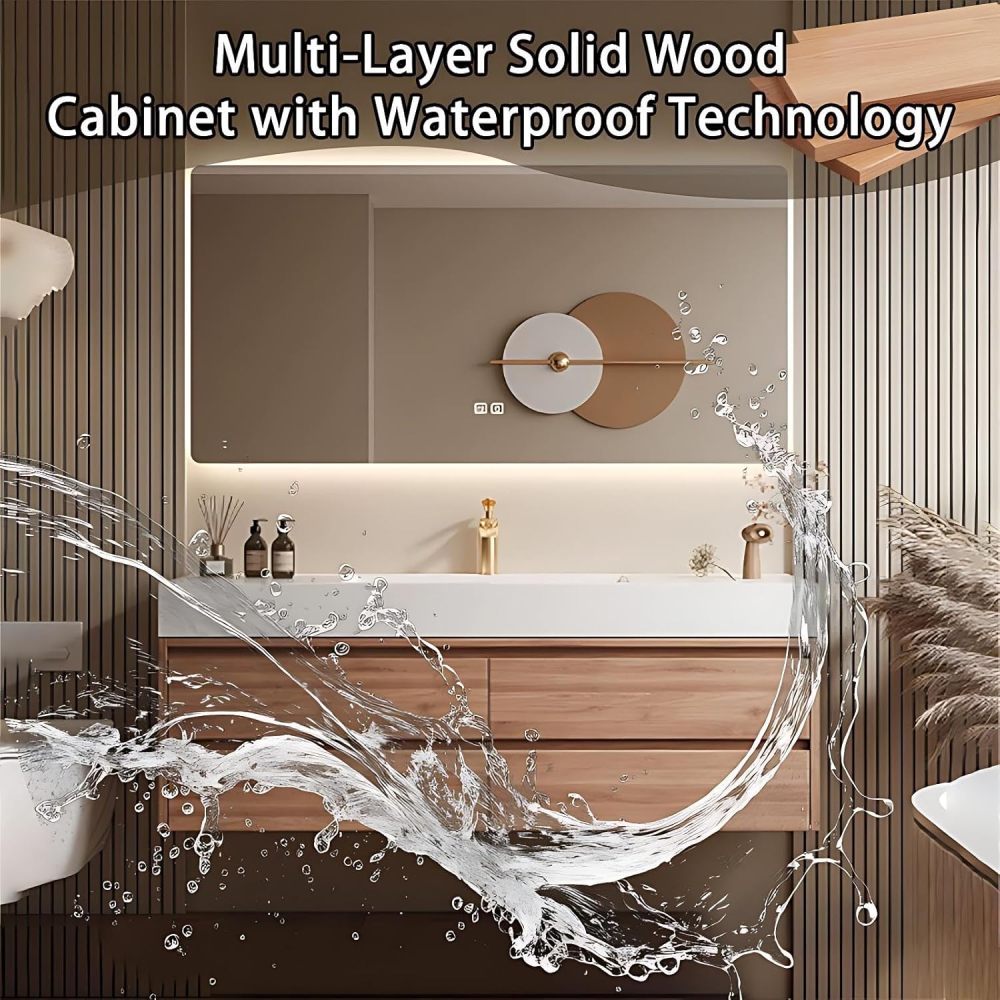 60IN Bathroom Vanity - Solid Wood Bathroom Vanity with Smart Defogger Mirror & 4 Drawers, One-Touch Defog & Lighting, Sink Cabinet with One-Piece Sink, Wood - Mirror Cabinet