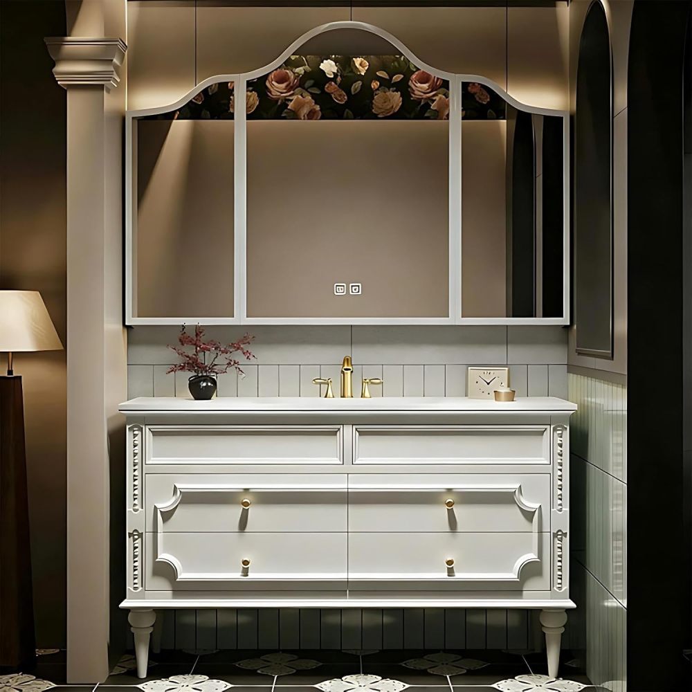 60IN Bathroom Vanity - Bathroom Vanity with Smart Defog Mirror Cabinet, Floor Mount Sink Cabinet with 4 Drawers & Seamless Sink, Multi-Layer Solid Wood, White