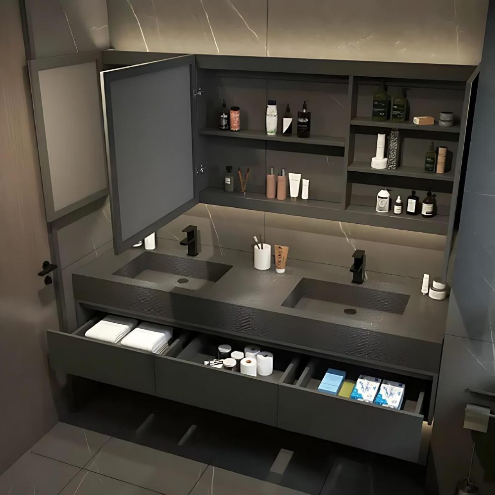 60IN Double Sink Bathroom Vanity - Modern Bathroom Vanity with Anti-Fog Mirror Cabinet, One-Touch Defog & Lighting, Sink Cabinet with 3 Drawers & Open Storage Space, Black