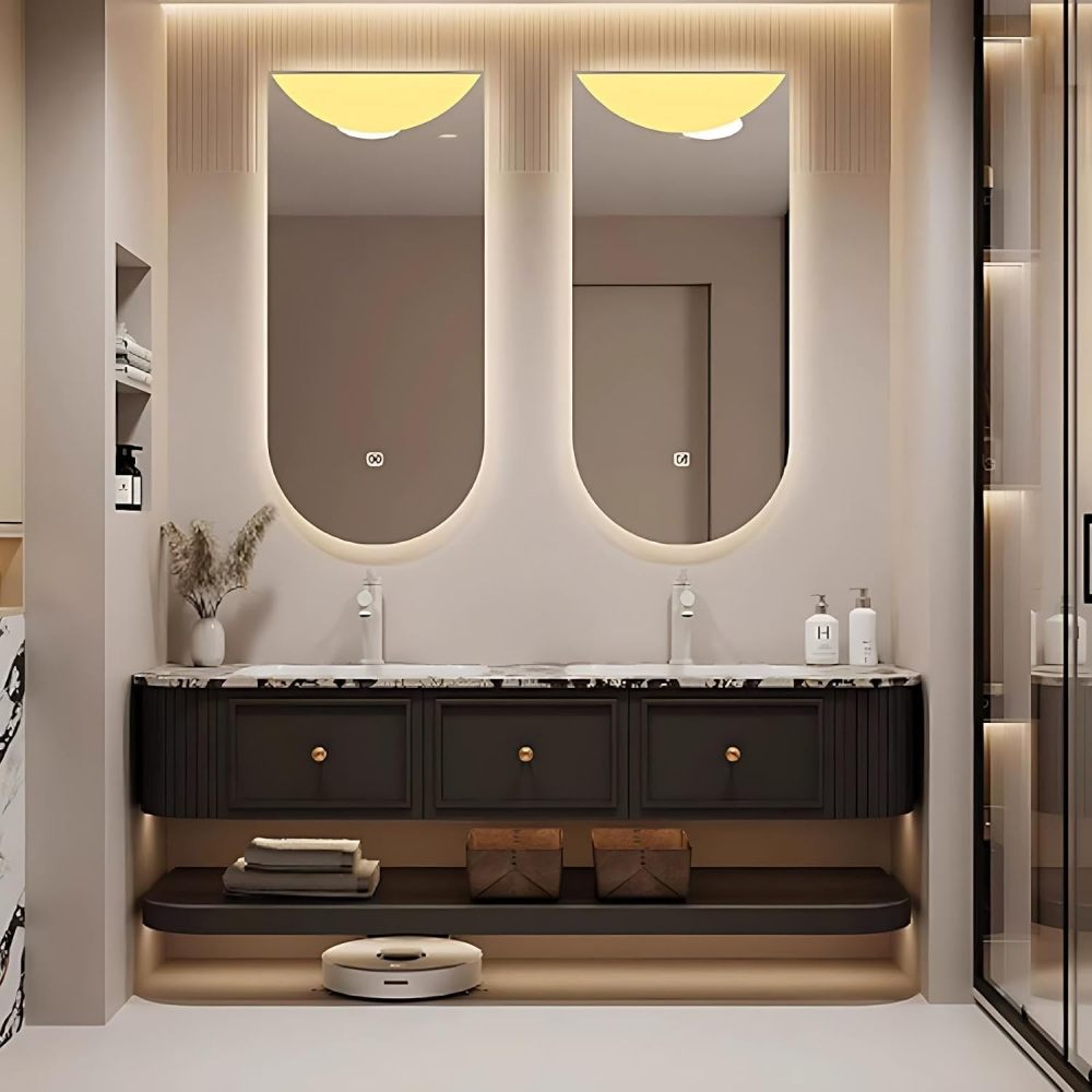 60IN Double Sink Bathroom Vanity - Floating Bathroom Vanity with 2 Smart Defogger Mirror, One-Touch Defog & Lighting, Sink Cabinet with 3 Drawers & Open Storage Space, Black