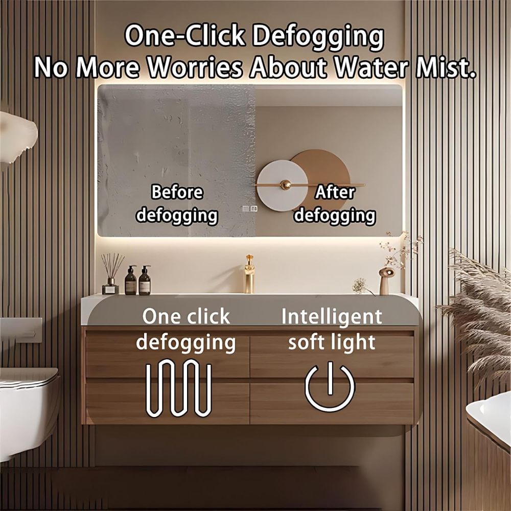 60IN Bathroom Vanity - Solid Wood Bathroom Vanity with Smart Defogger Mirror & 4 Drawers, One-Touch Defog & Lighting, Sink Cabinet with One-Piece Sink, Wood - Mirror Cabinet