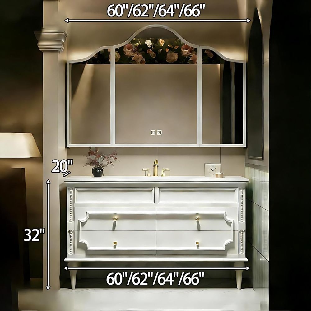 60IN Bathroom Vanity - Bathroom Vanity with Smart Defog Mirror Cabinet, Floor Mount Sink Cabinet with 4 Drawers & Seamless Sink, Multi-Layer Solid Wood, White