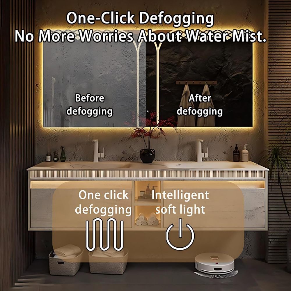 60IN Double Sink Bathroom Vanity - Luxury Bathroom Vanity with Smart Defogger Mirror, One-Touch Defog & Lighting, Sink Cabinet with 2 Drawers & Open Storage Compartments, White