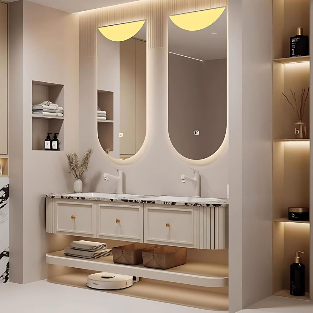 60IN Double Sink Bathroom Vanity - Floating Bathroom Vanity with 2 Smart Defogger Mirror, One-Touch Defog & Lighting, Sink Cabinet with 3 Drawers & Open Storage Space, White