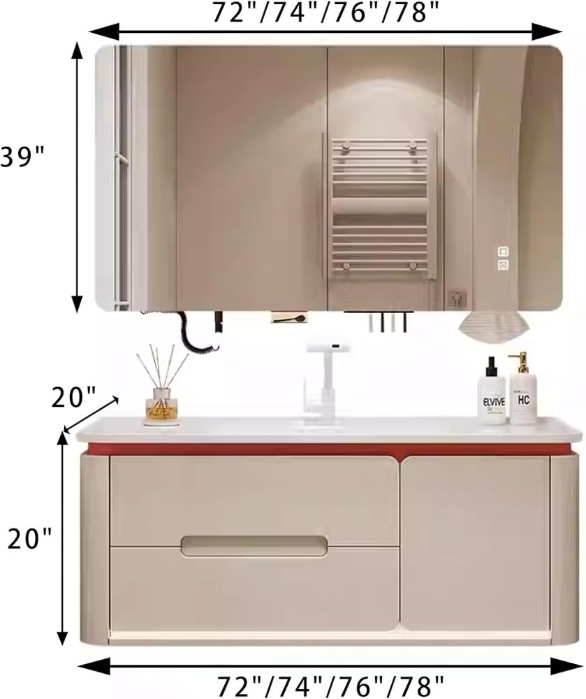 72IN Bathroom Vanity with Sink - Solid Wood Bathroom Vanity with Anti-Fog Mirror & Storage, Wall-Mounted Single Sink Cabinet, Fully Assembled