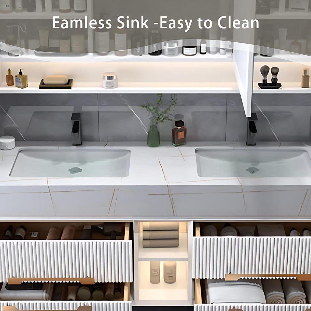 60IN Double Sink Bathroom Vanity - Luxury Bathroom Vanity with Anti-Fog Mirror Cabinet, One-Touch Defog & Lighting, Sink Cabinet with 4 Drawers & Open Storage Space, White