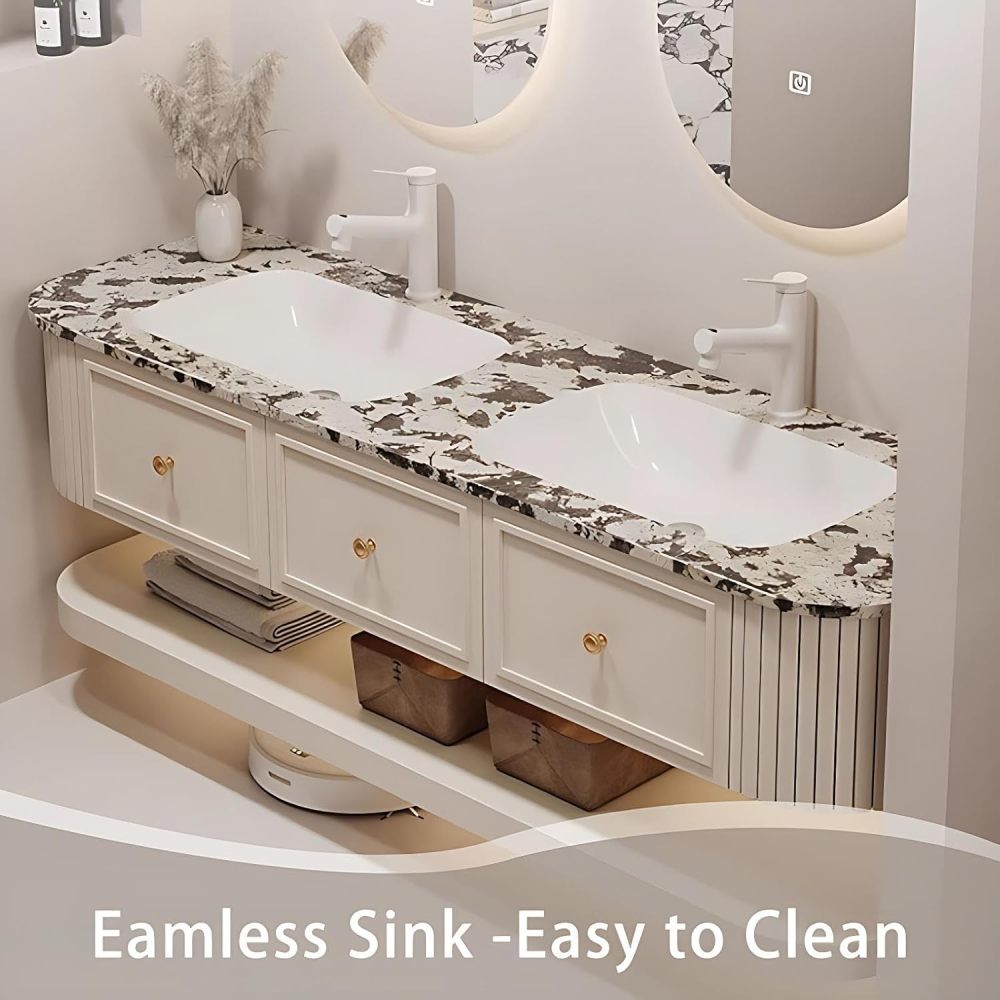 60IN Double Sink Bathroom Vanity - Floating Bathroom Vanity with 2 Smart Defogger Mirror, One-Touch Defog & Lighting, Sink Cabinet with 3 Drawers & Open Storage Space, Black