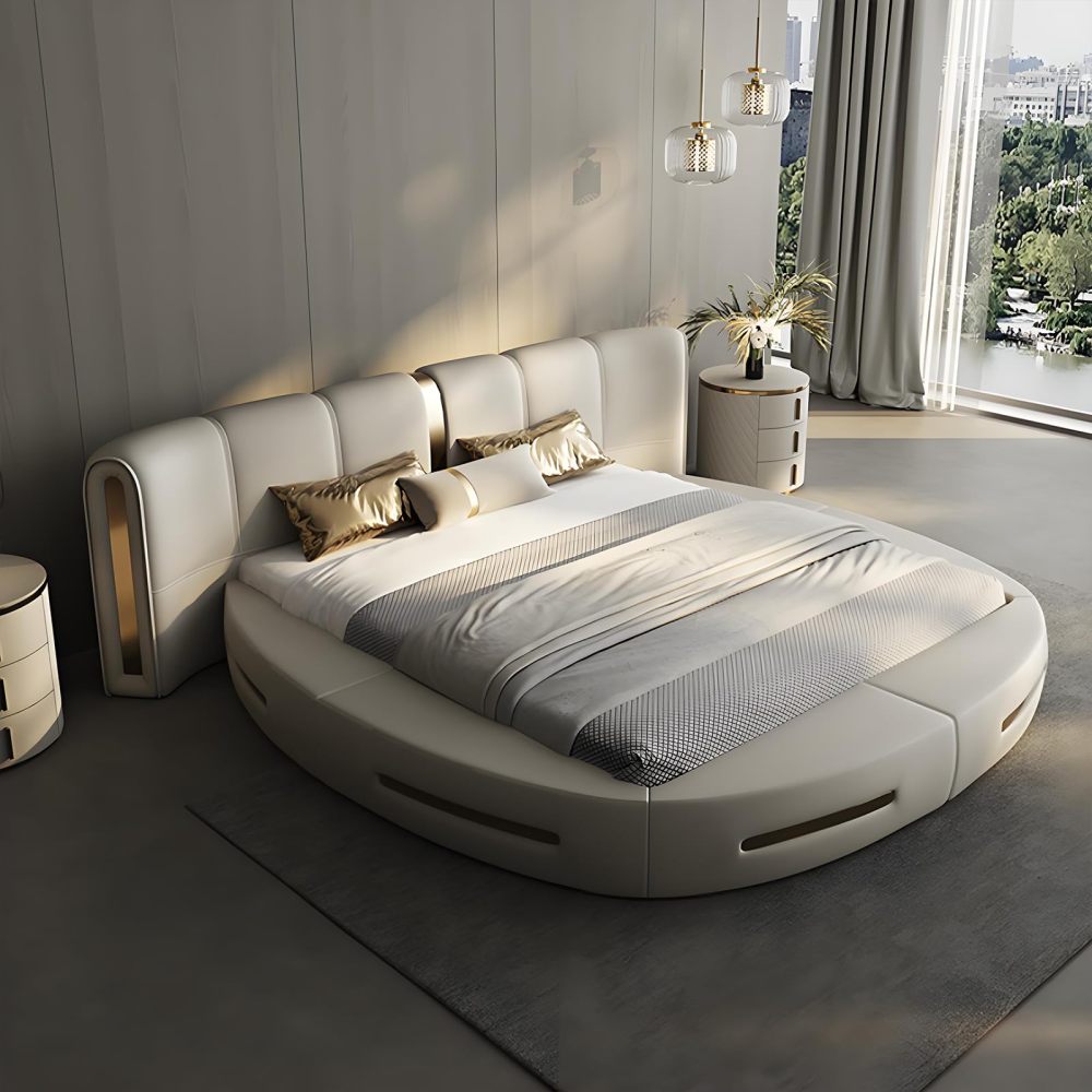 King Size Bed Frame with Mattress Set - Modern Leather Upholstered Platform Round Bed, Ergonomic Head & Lumbar Support, Solid Wood Frame, Whisper-Quiet Slats, No Box Spring Needed