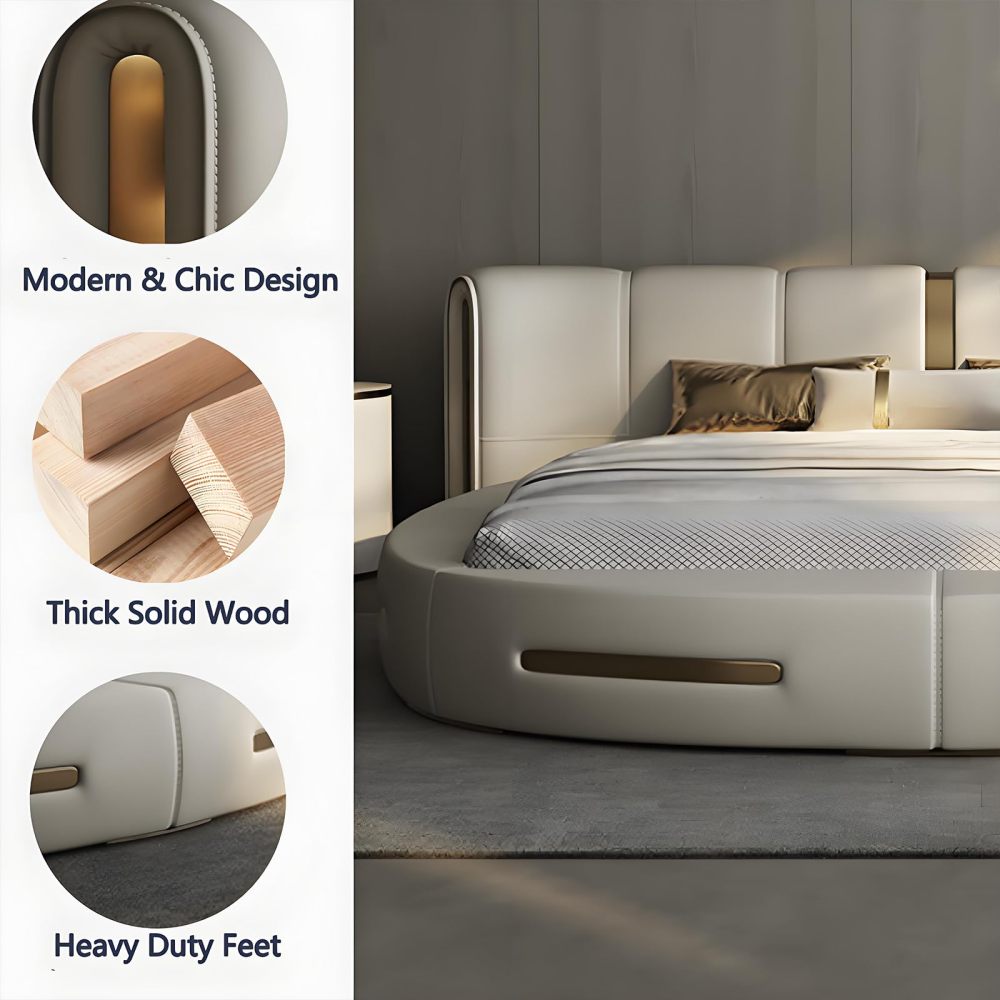 King Size Bed Frame with Mattress Set - Modern Leather Upholstered Platform Round Bed, Ergonomic Head & Lumbar Support, Solid Wood Frame, Whisper-Quiet Slats, No Box Spring Needed