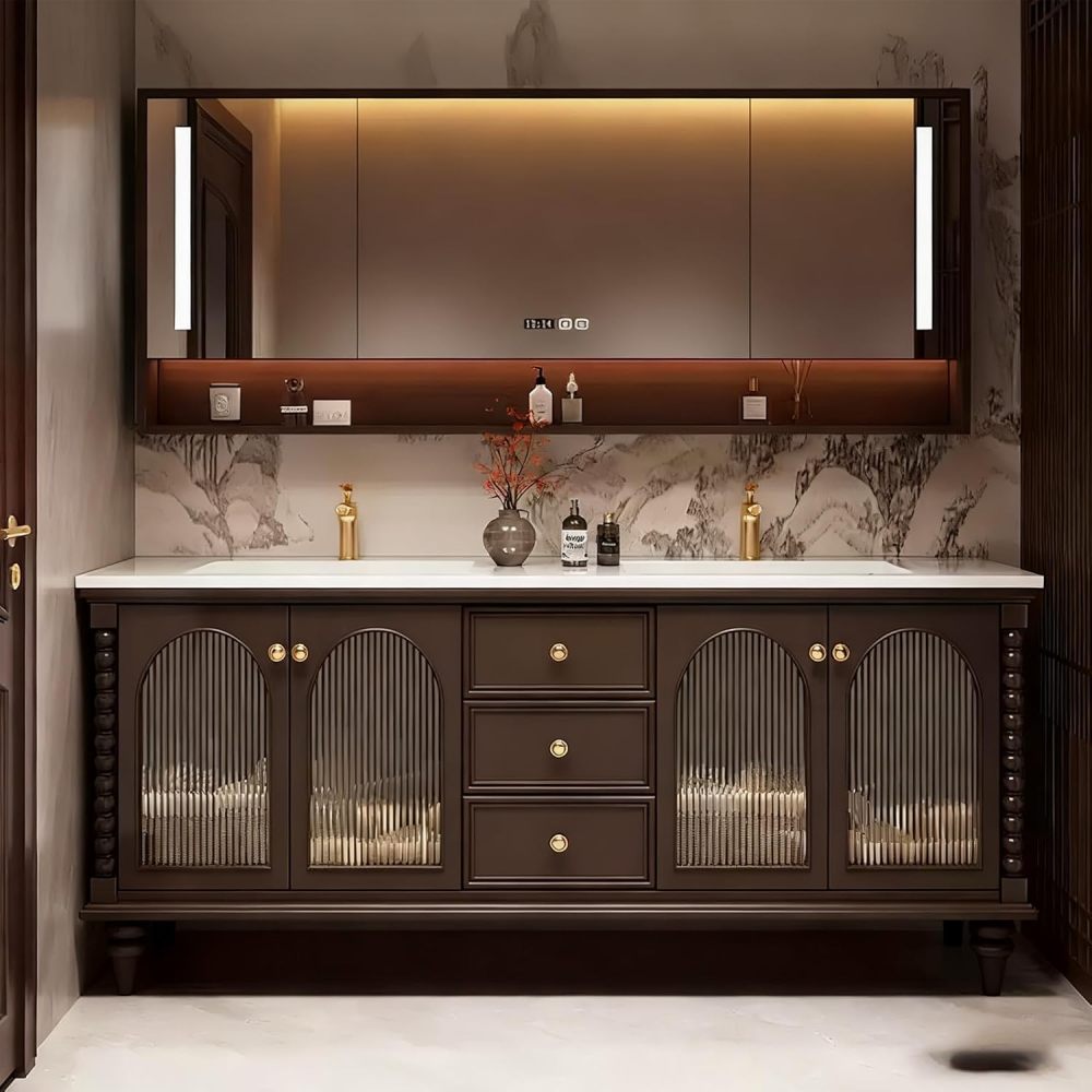 56IN Bathroom Vanity with Sink - Single|Double Sink Vanity with Smart Defog Mirror, Solid Wood Bathroom Cabinet, Large Storage Space, Custom Sizes - Complete Accessories Double Slot