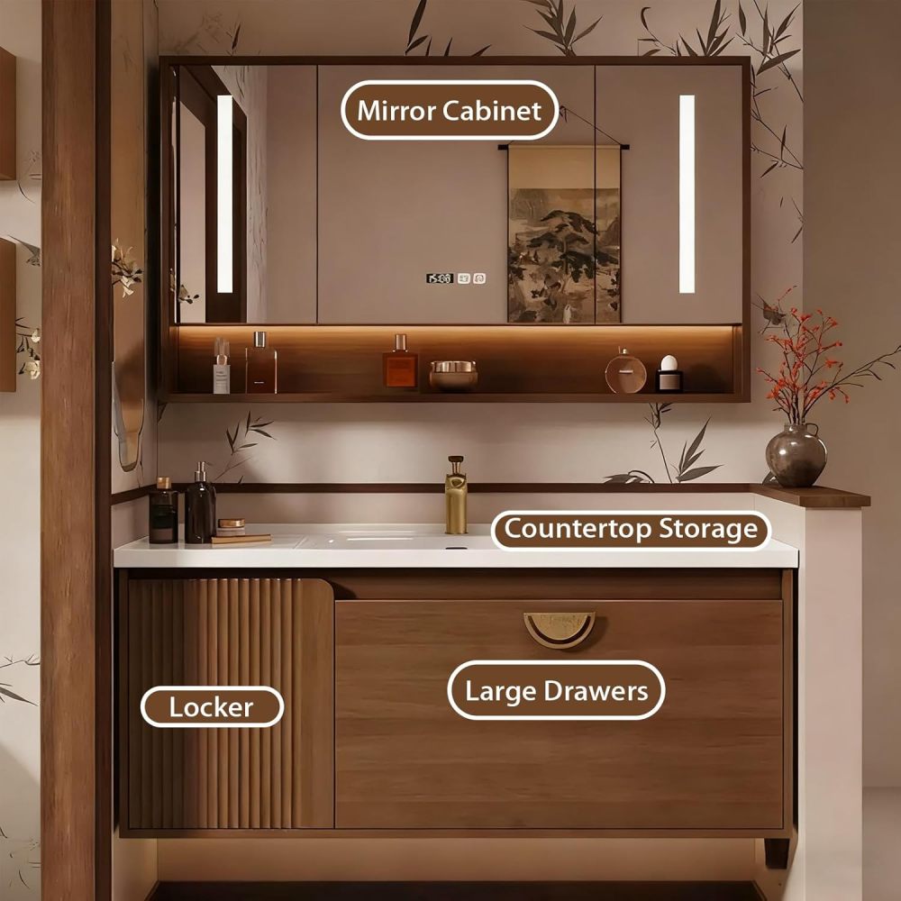 78IN Bathroom Vanity with Sink - Modern Solid Wood Bathroom Sink Cabinet with Smart Anti-Fog Mirror, Floating Vanity, Large Storage Space, Custom Sizes - Complete Accessories Cabinet Mirror