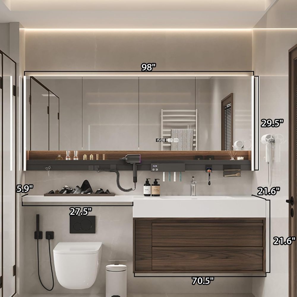 98IN Bathroom Vanity with Sink - Modern Bathroom Vanity Cabinet with Extension Strip&Smart Defog Mirror, Floating Sink Design, Multilayer Solid Wood - Complete Accessories, Style C
