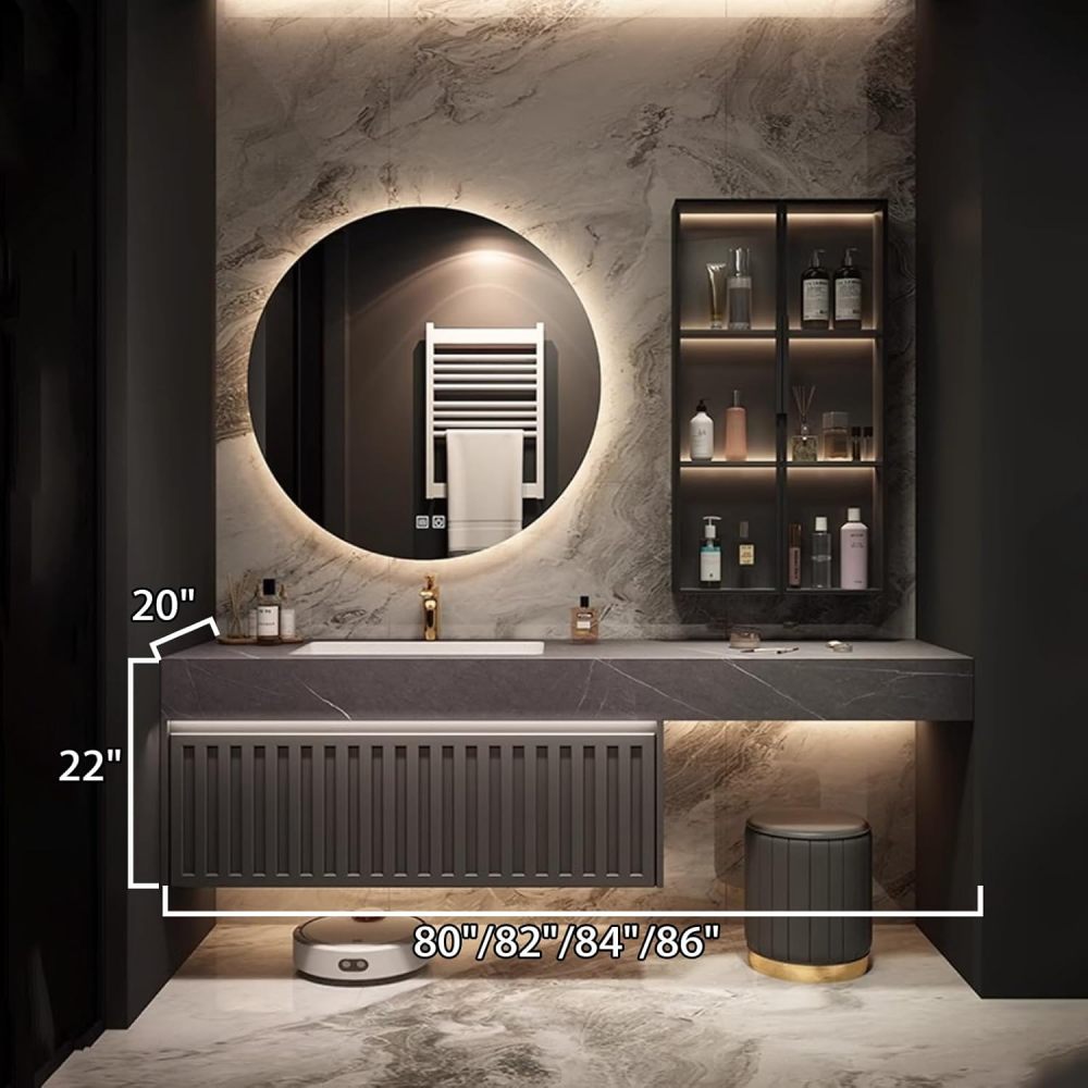 80IN Bathroom Vanity with Sink - Floating Vanity with Makeup Chair, Bathroom Sink Cabinet, Intelligent Defogging, Smart Sensor Light, Custom Sizes - Complete Accessories Round Mirror Gold