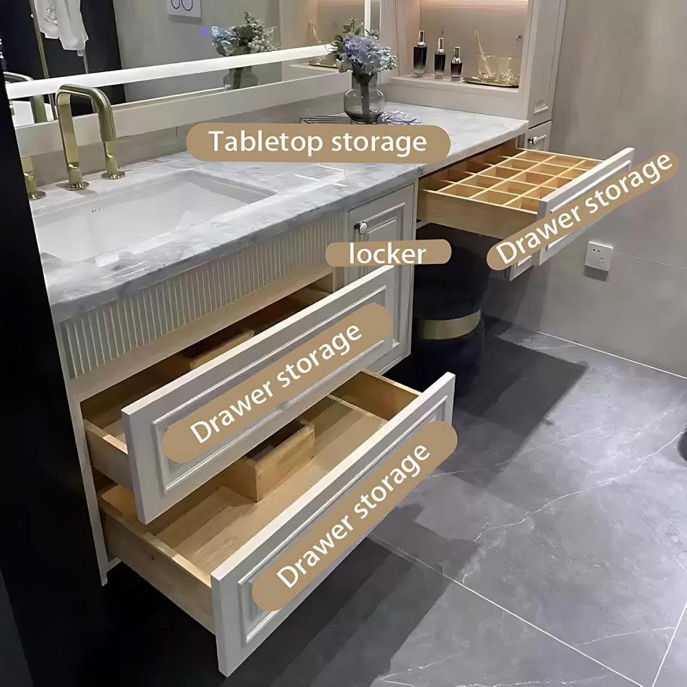 62IN Bathroom Vanity with Sink - Wall-Mounted Bathroom Vanity Cabinet with Makeup Chair & Storage, Smart Storage, Multi-Layer Solid Wood, Custom Sizes - Complete Accessories, White