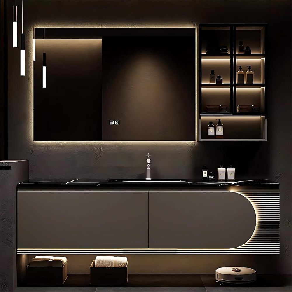 58IN Bathroom Vanity with Sink - Wall-Mounted Bathroom Vanity Cabinet with Induction Light&Defogger, Single Floating Sink Design, Large Storage Space - Complete Accessories, Brown