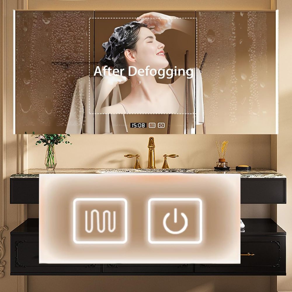 96IN Bathroom Vanity with Sink - Solid Wood Floating Bathroom Vanity, Smart Defrosting Mirror, 3 Storage Drawers Extra Large Storage Space, Customizable Sizes,Black