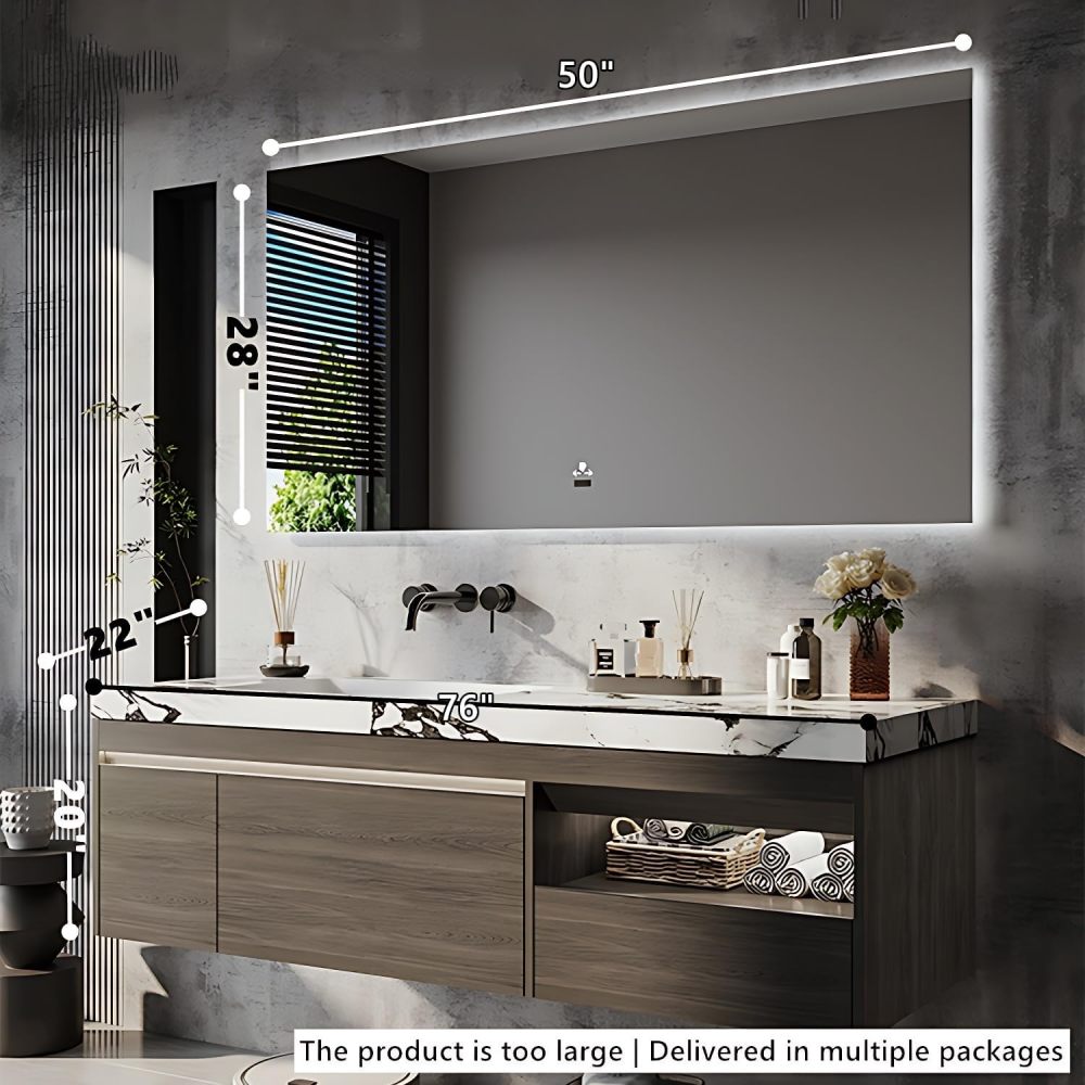 Modern Bathroom Vanity with Sink - Durable Sintered Stone Countertop, LED Anti-Fog Mirror, Solid Wood Bathroom Sink Cabinet, Easy Assembly Floating Vanity with Ample Storage (76")