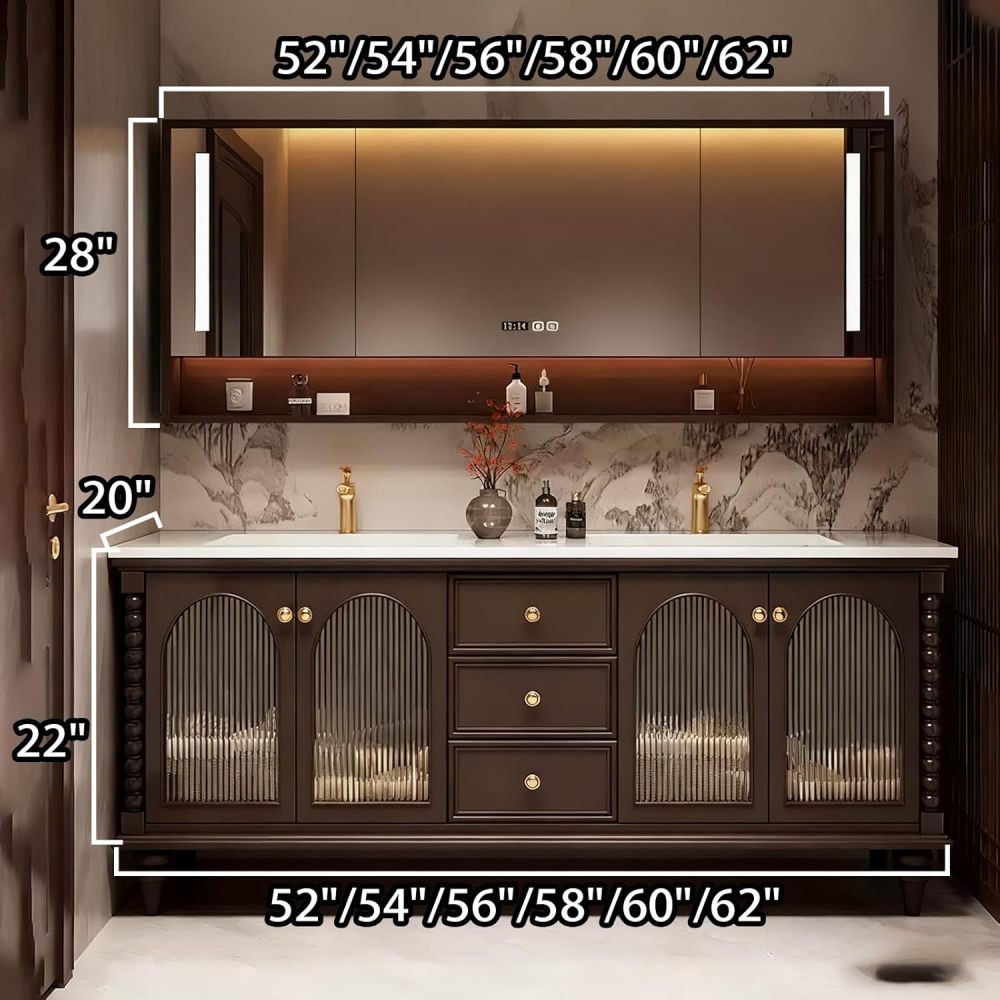 56IN Bathroom Vanity with Sink - Single|Double Sink Vanity with Smart Defog Mirror, Solid Wood Bathroom Cabinet, Large Storage Space, Custom Sizes - Complete Accessories Double Slot