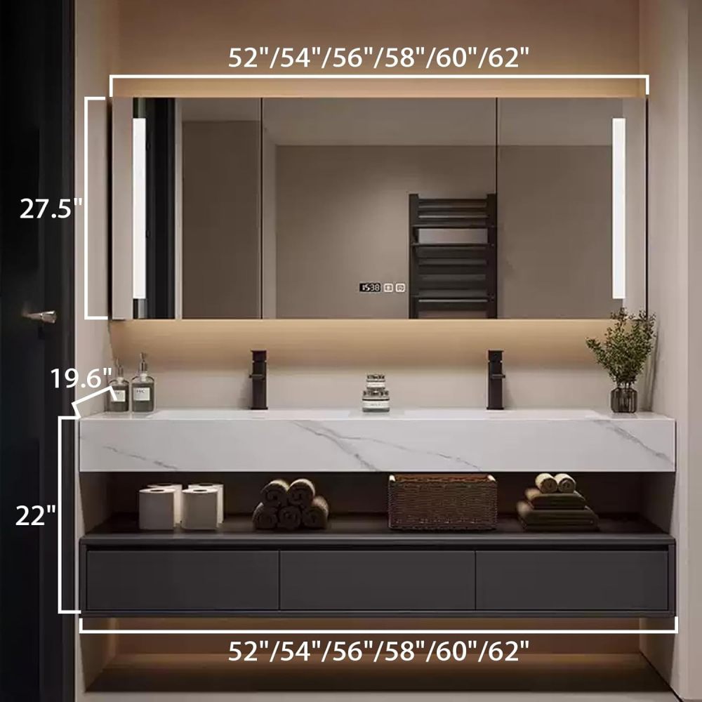 58IN Bathroom Vanity with Sink - Modern Double Sink Vanity with Smart Defrosting Mirror, Bathroom Sink Cabinet, Large Storage Space, Custom Sizes - Complete Accessories, Grey
