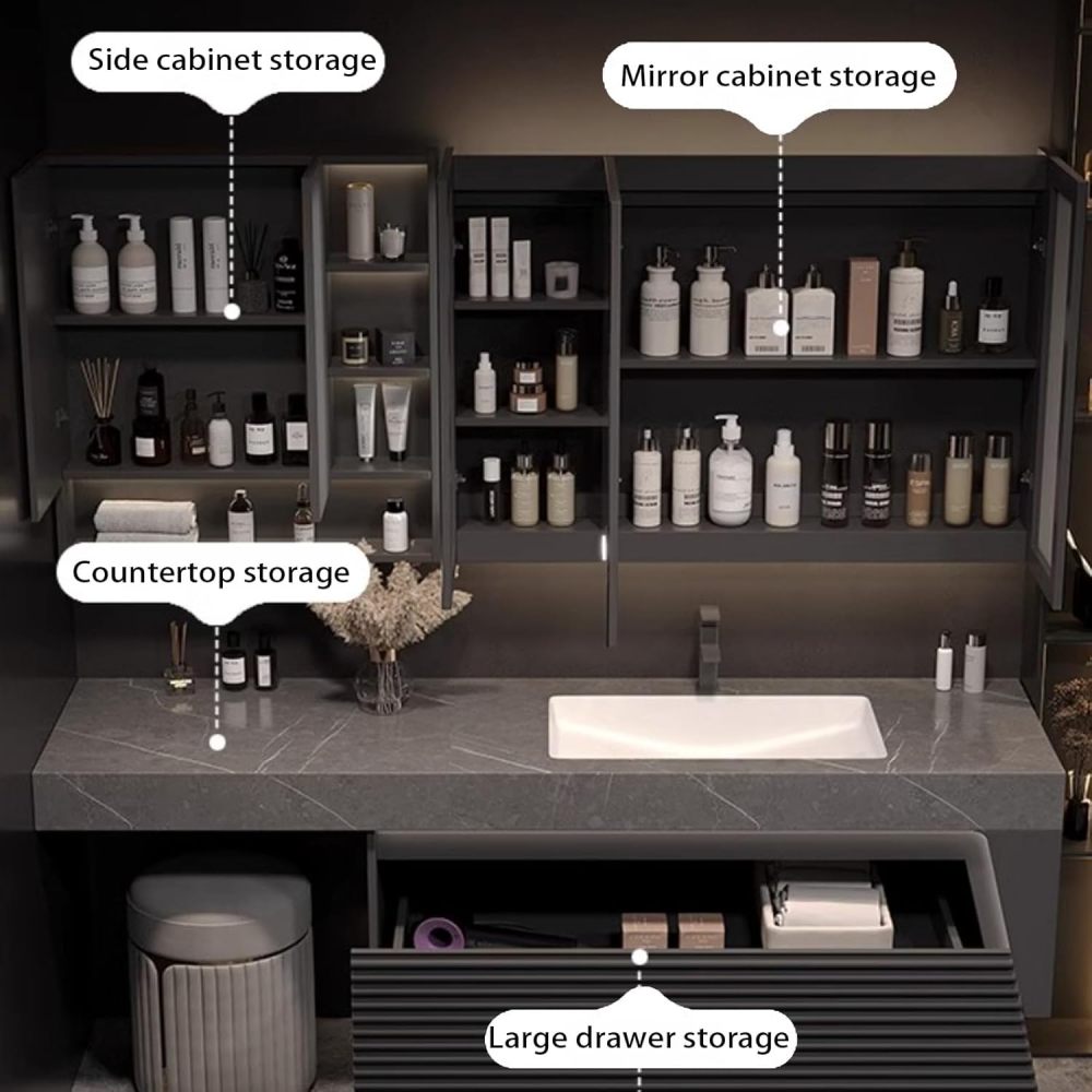 86IN Bathroom Vanity with Sink - Floating Vanity with Makeup Chair, Bathroom Sink Cabinet, Intelligent Defogging, Convenient Storage, Custom Sizes - Complete Accessories Gray
