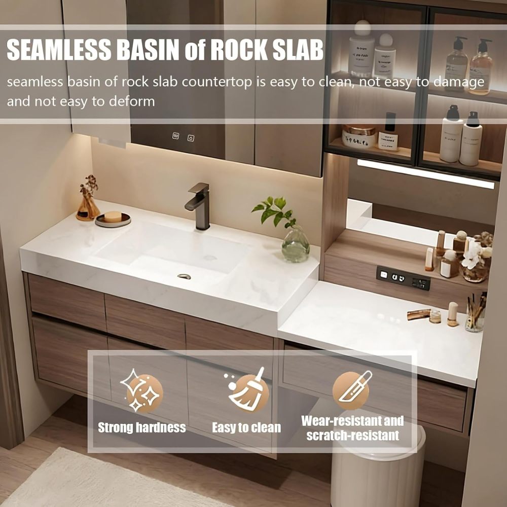 62IN Modern Bathroom Vanity with Sink - Modern Double Floating Sink Design, Bathroom Vanity Cabinet with Large Storage Space & Chair, Solid Wood - Complete Accessories, White Mirror Cabinet