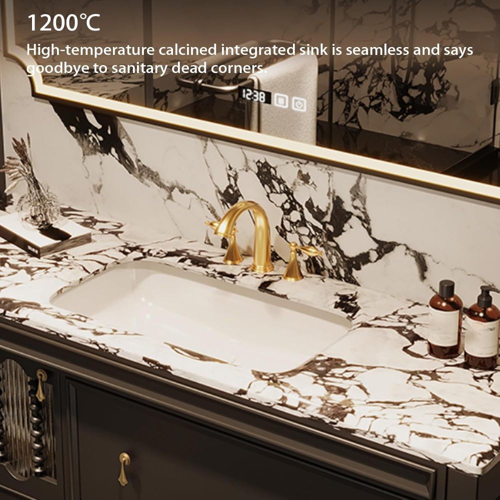 56IN Bathroom Vanity with Sink - Bathroom Sink Cabinet Space Large, Fashion Bathroom Vanity with Smart Defrosting Mirror, Custom Sizes Optional - Complete Accessories Brown