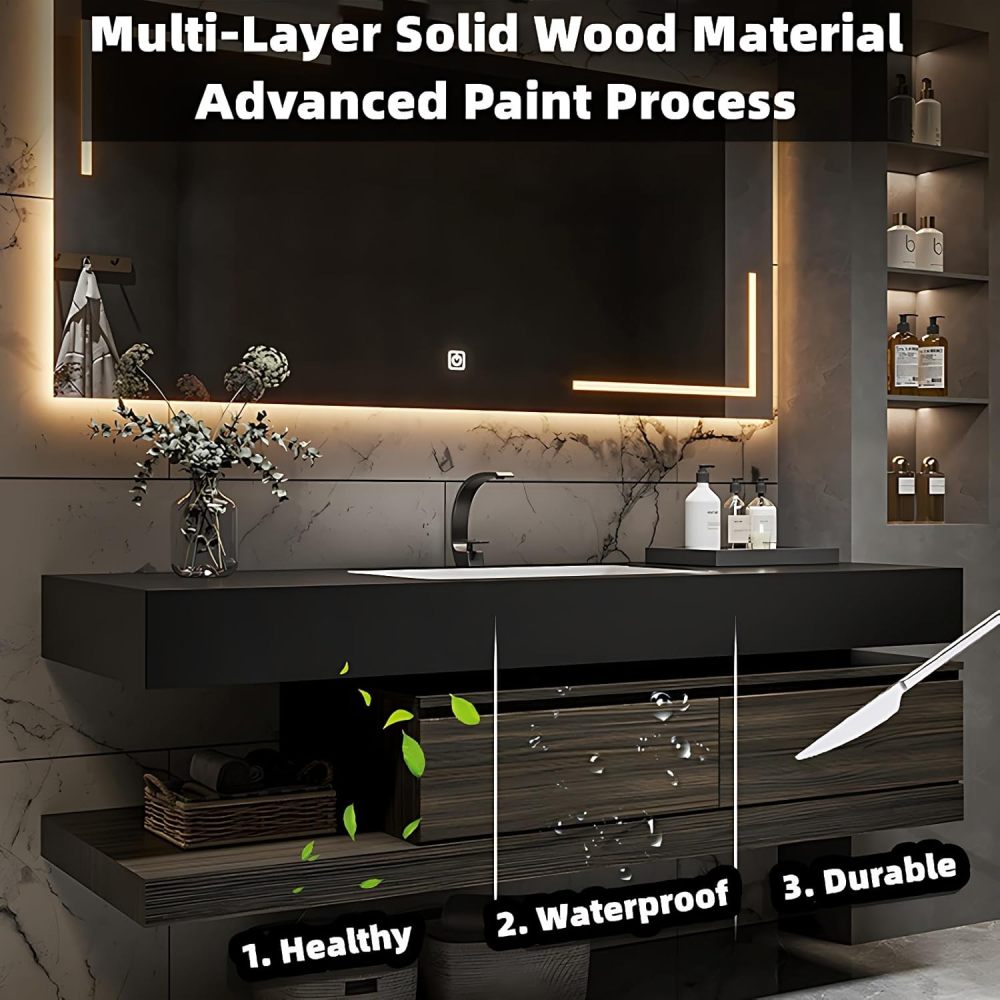 Bathroom Vanity with Sink - Modern Floating Vanity with Sintered Stone Countertop and LED Anti-Fog Mirror, Premium Solid Wood Bathroom Sink Cabinet, Easy Assembly, Ample Storage (84")