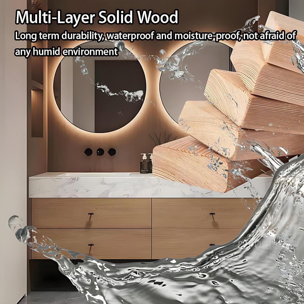 56IN Bathroom Vanity with Sink - Double Floating Sink Design, Bathroom Sink Cabinet with Defogging Effect, Multi-Layer Solid Wood, Customizable Size - Complete Accessories, Brown