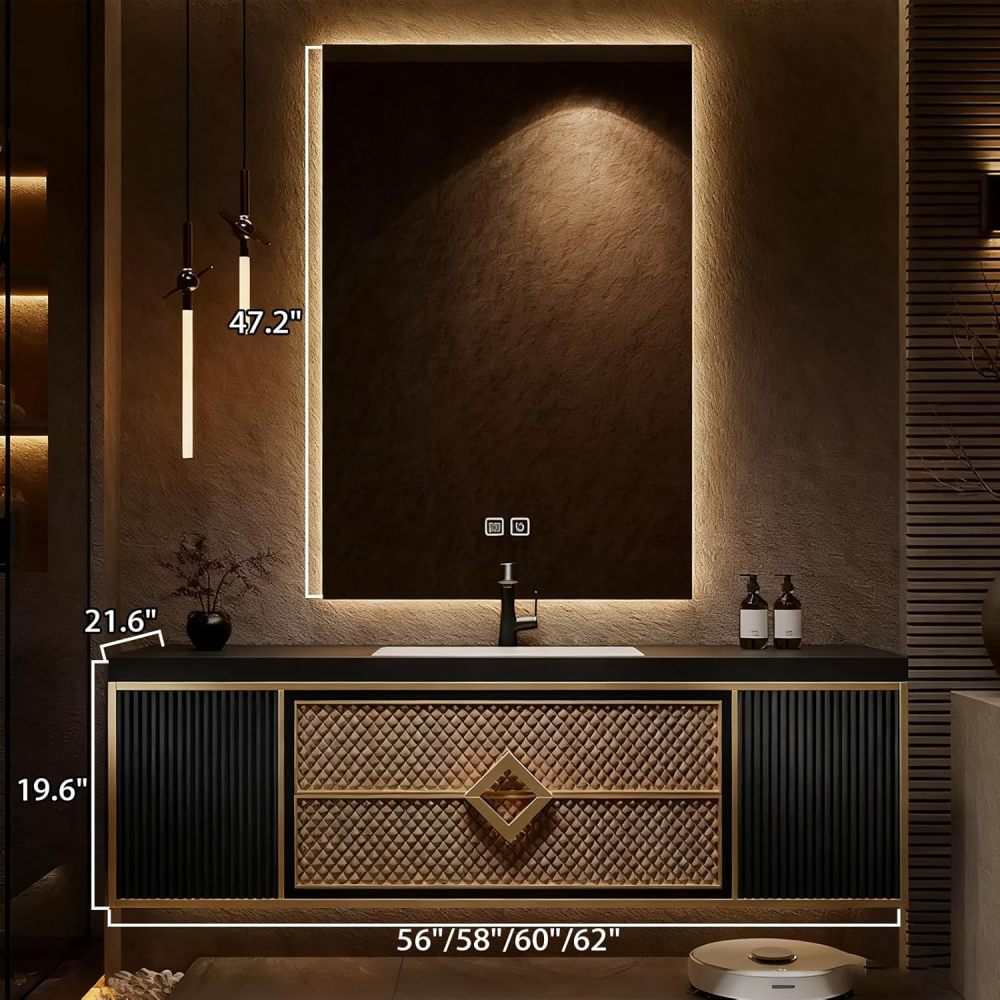 60IN Bathroom Vanity with Sink - Single|Double Floating Vanity with Smart Defrosting Mirror, Solid Wood Bathroom Sink Cabinet, Custom Complete Accessories, Single Sink