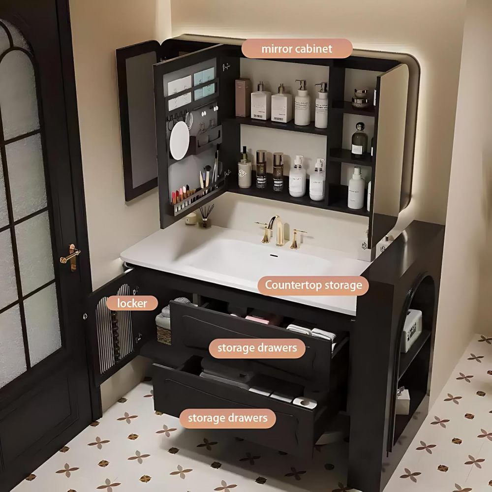 64IN Bathroom Vanity with Sink - Modern Bathroom Vanity Cabinet with Smart Anti-Fog Mirror&Drawers, Floating Design, Waterproof, Customizable Sizes - Complete Accessories, Cabinet Mirror Black