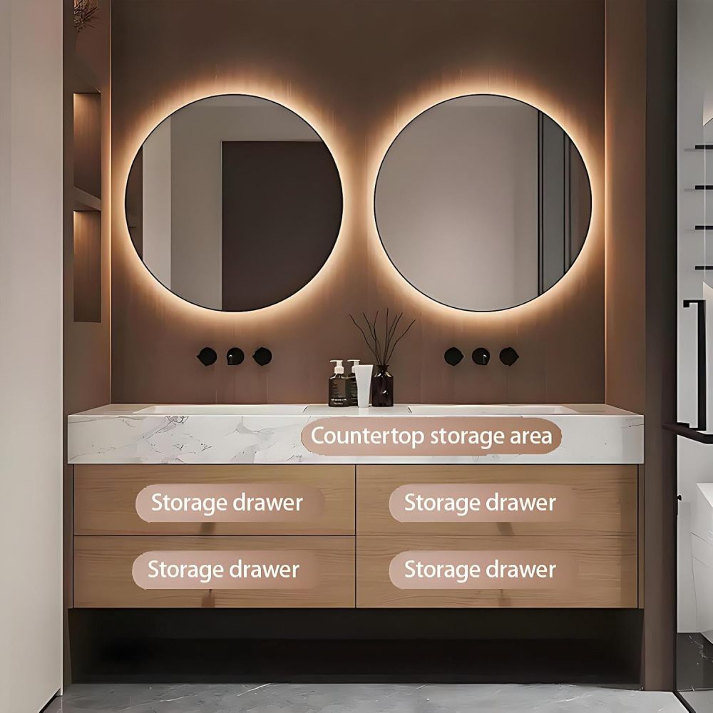56IN Bathroom Vanity with Sink - Double Floating Sink Design, Bathroom Sink Cabinet with Defogging Effect, Multi-Layer Solid Wood, Customizable Size - Complete Accessories, Brown