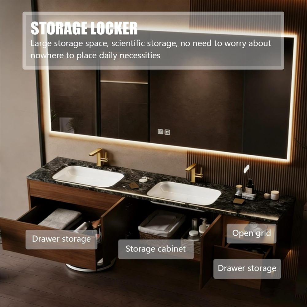 Modern Bathroom Vanity with Sink - Luxurious Double Floating Sink Design, Bathroom Vanity Cabinet with Smart Defogging, Multi-Layered Solid Wood - Complete Accessories