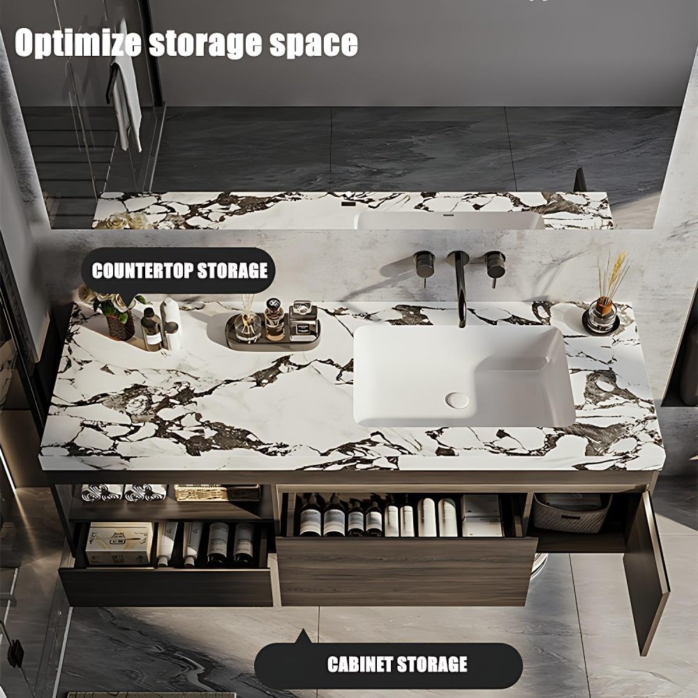 Modern Bathroom Vanity with Sink - Durable Sintered Stone Countertop, LED Anti-Fog Mirror, Solid Wood Bathroom Sink Cabinet, Easy Assembly Floating Vanity with Ample Storage (76")