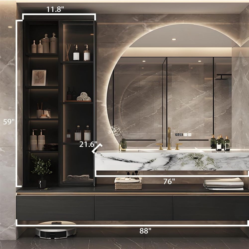 88IN Bathroom Vanity with Sink - Modern Bathroom Sink Cabinet with Smart Anti-Fog Mirror, Floating Vanity, Large Storage Space, Custom Sizes Optional - Complete Accessories Grey