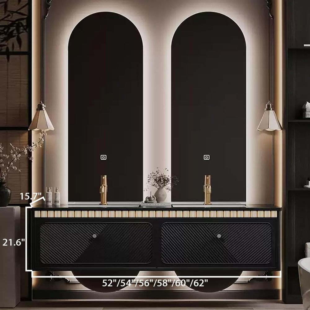 54IN Bathroom Vanity with Sink - Double Sink Vanity with Smart Anti-Fog Mirror, Bathroom Sink Cabinet, Large Storage Space, Double Layer Solid Wood - Complete Accessories Black