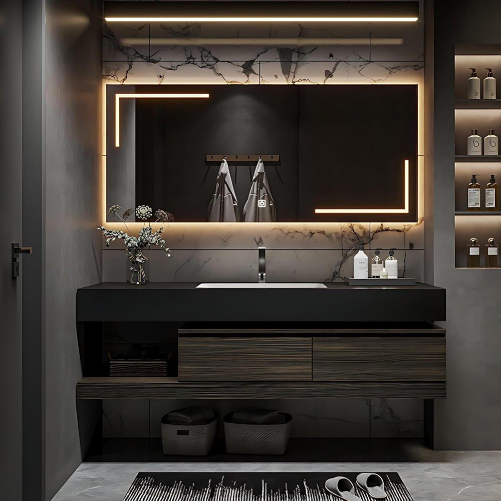Bathroom Vanity with Sink - Modern Floating Vanity with Sintered Stone Countertop and LED Anti-Fog Mirror, Premium Solid Wood Bathroom Sink Cabinet, Easy Assembly, Ample Storage (84")