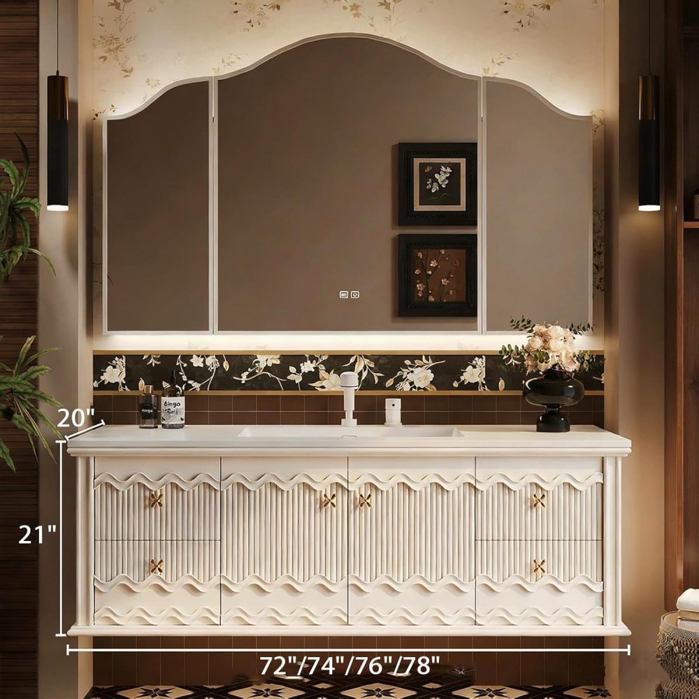 74IN Bathroom Vanity with Sink - Solid Wood Hanging Bathroom Vanity, Defog Mirror, 4 Storage Drawers, Customizable Size, No Assembly Required Style B