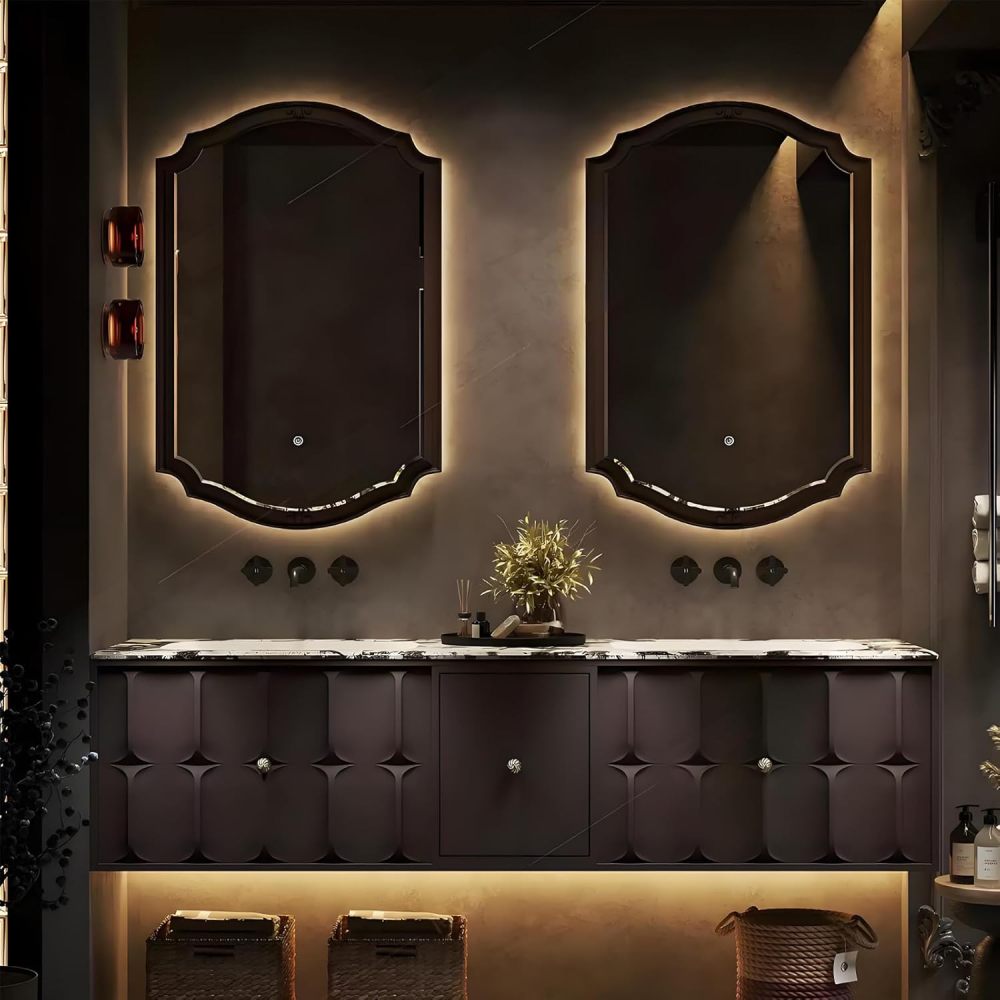 100IN Bathroom Vanity with Sink - Double Vanity Cabinet with Smart Defrosting Mirror, Bathroom Sink Cabinet Double Layer Solid Wood, Custom Size - Complete Accessories Brown
