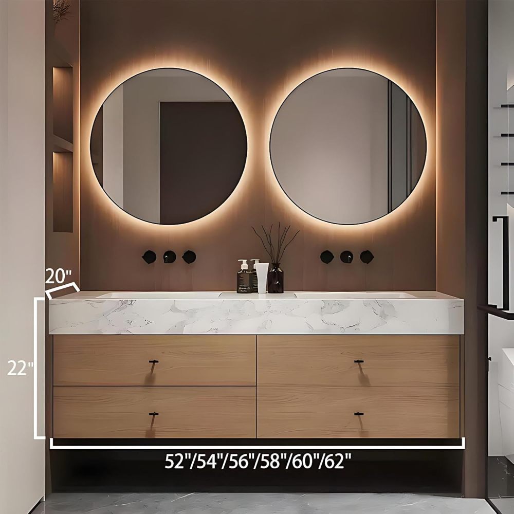 56IN Bathroom Vanity with Sink - Double Floating Sink Design, Bathroom Sink Cabinet with Defogging Effect, Multi-Layer Solid Wood, Customizable Size - Complete Accessories, Brown