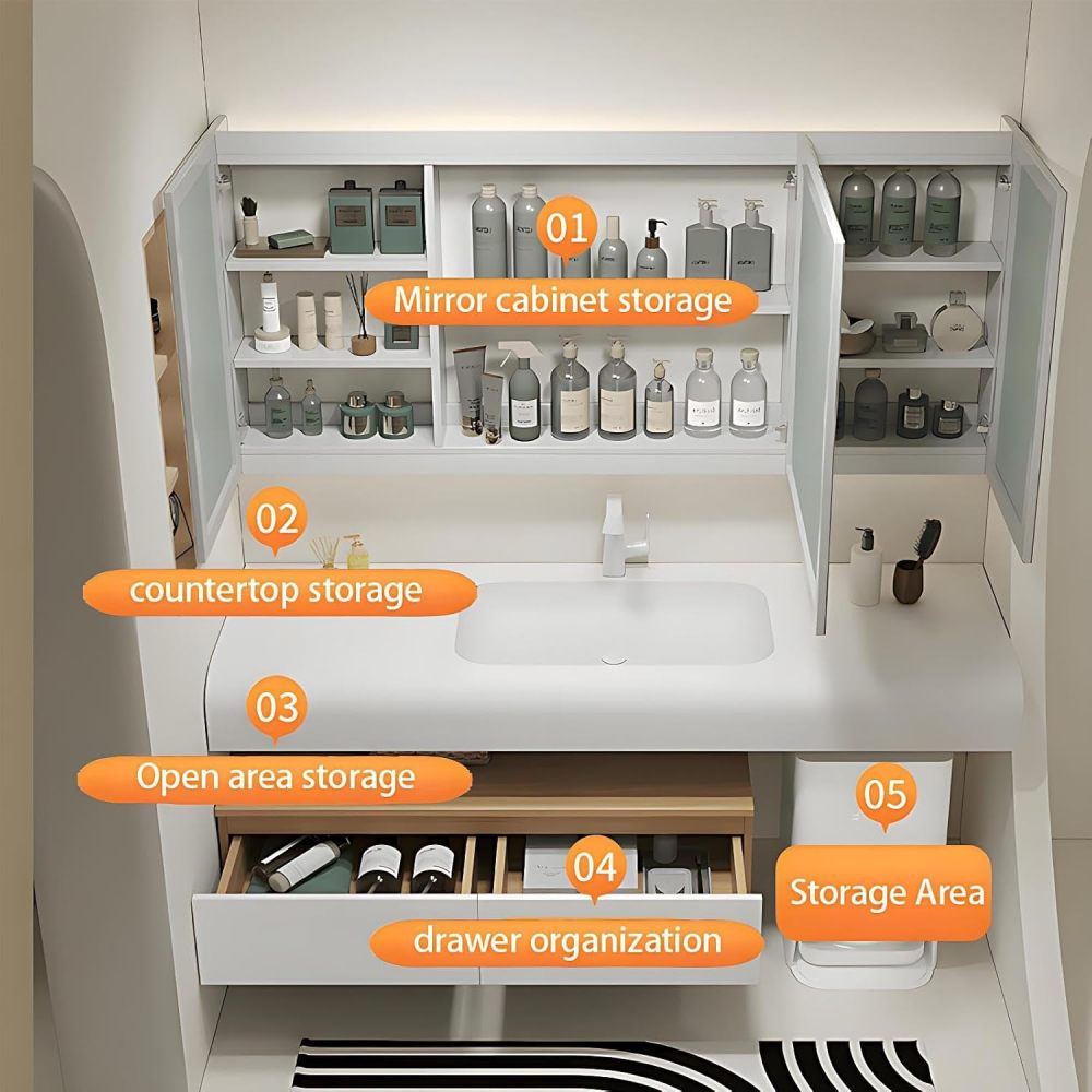 88IN Bathroom Vanity with Sink - Single Bathroom Vanity Cabinet with Smart Defog Mirror, Floating Sink Design, Multi-Layer Solid Wood, Customizable Sizes - Complete Accessories, Mirror Cabinet