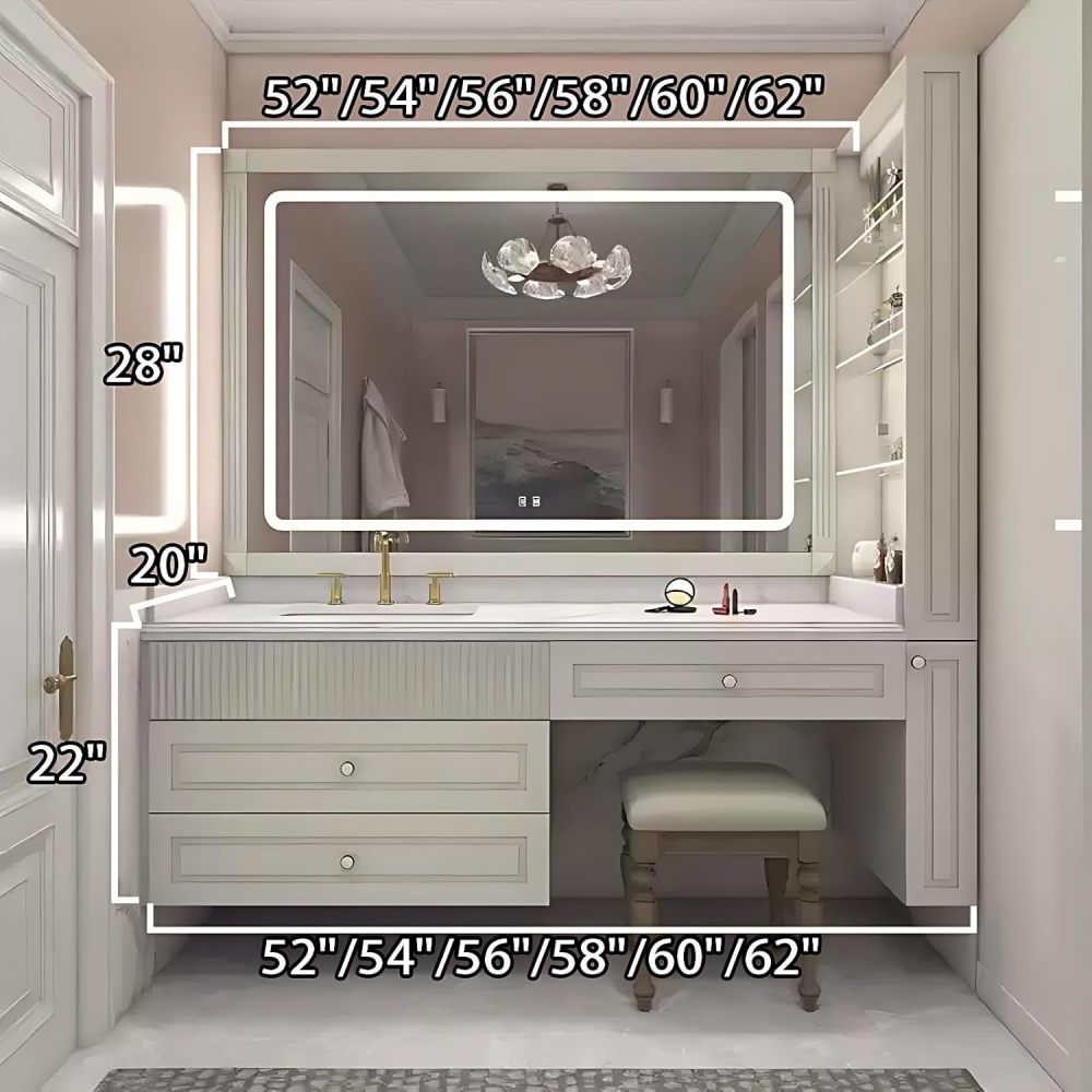 62IN Bathroom Vanity with Sink - Wall-Mounted Bathroom Vanity Cabinet with Makeup Chair & Storage, Smart Storage, Multi-Layer Solid Wood, Custom Sizes - Complete Accessories, White