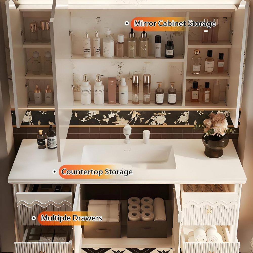 74IN Bathroom Vanity with Sink - Solid Wood Hanging Bathroom Vanity, Defog Mirror, 4 Storage Drawers, Customizable Size, No Assembly Required Style B
