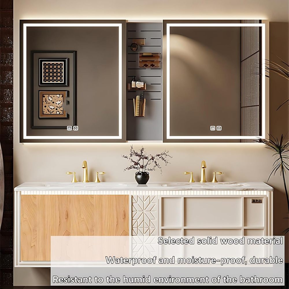 Bathroom Vanity with Sink - Single/Double Sink Vanity, Floating Vanity with Anti-Fog Mirror Cabinet, Wall Mounting Solid Wood Bathroom Sink Cabinet, Ample Storage (Grey, Double Sink, 52")