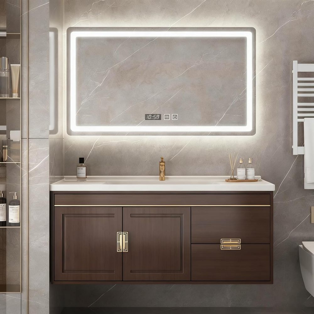98IN Bathroom Vanity with Sink - Farmhouse Bathroom Sink Cabinet with Anti-Fog Mirror, Single Sink Vanity, Multilayer Solid Wood, Customizable Size - Complete Accessories, Mirror