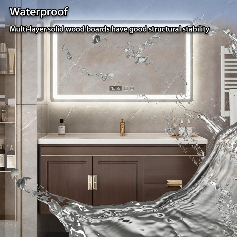 98IN Bathroom Vanity with Sink - Farmhouse Bathroom Sink Cabinet with Anti-Fog Mirror, Single Sink Vanity, Multilayer Solid Wood, Customizable Size - Complete Accessories, Mirror